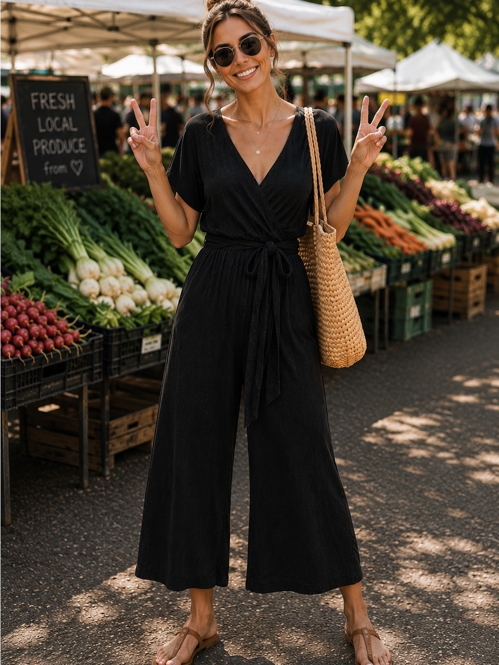 Women's Faded Black Wrap Jumpsuit with Criss Cross Back